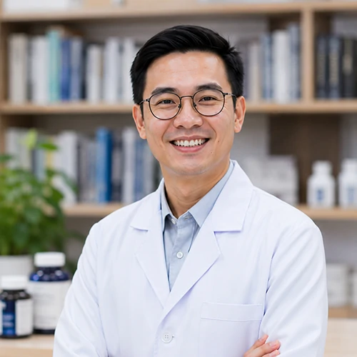 bone-joint-health-expert-pharmacist-profile ผู้เชี่ยวชาญด้านสุขภาพสวมเสื้อกาวน์ยิ้มอย่างเป็นมิตร สำหรับให้คำแนะนำเรื่องการดูแลกระดูก ข้อ และการเลือกอาหารเสริม