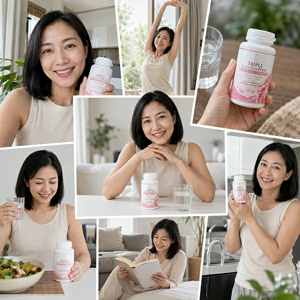 triple-calcium-plus-customer-review-collage ภาพคอลลาจรีวิวผู้หญิงถือผลิตภัณฑ์ Triple Calcium Plus Collagen Type II พร้อมกิจวัตรดูแลตัวเองในชีวิตประจำวัน