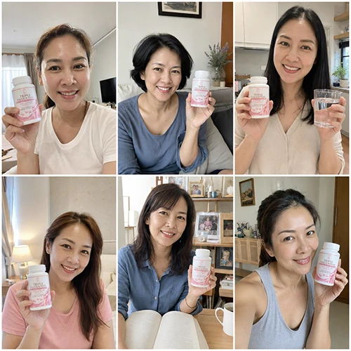 triple-calcium-plus-line-review-with-customer-photos-1 ภาพคอลลาจรีวิวลูกค้าผู้หญิงถือผลิตภัณฑ์ Triple Calcium Plus Collagen Type II ในบ้าน สื่อถึงการเริ่มดูแลกระดูก ข้อ และการเคลื่อนไหวในชีวิตประจำวัน