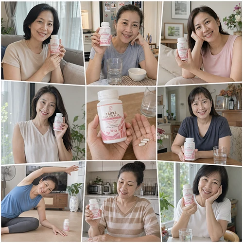 triple-calcium-plus-lifestyle-customer-review-collage ภาพคอลลาจลูกค้าผู้หญิงถือผลิตภัณฑ์ Triple Calcium Plus Collagen Type II พร้อมแก้วน้ำ อาหาร และกิจกรรมดูแลสุขภาพในบ้าน