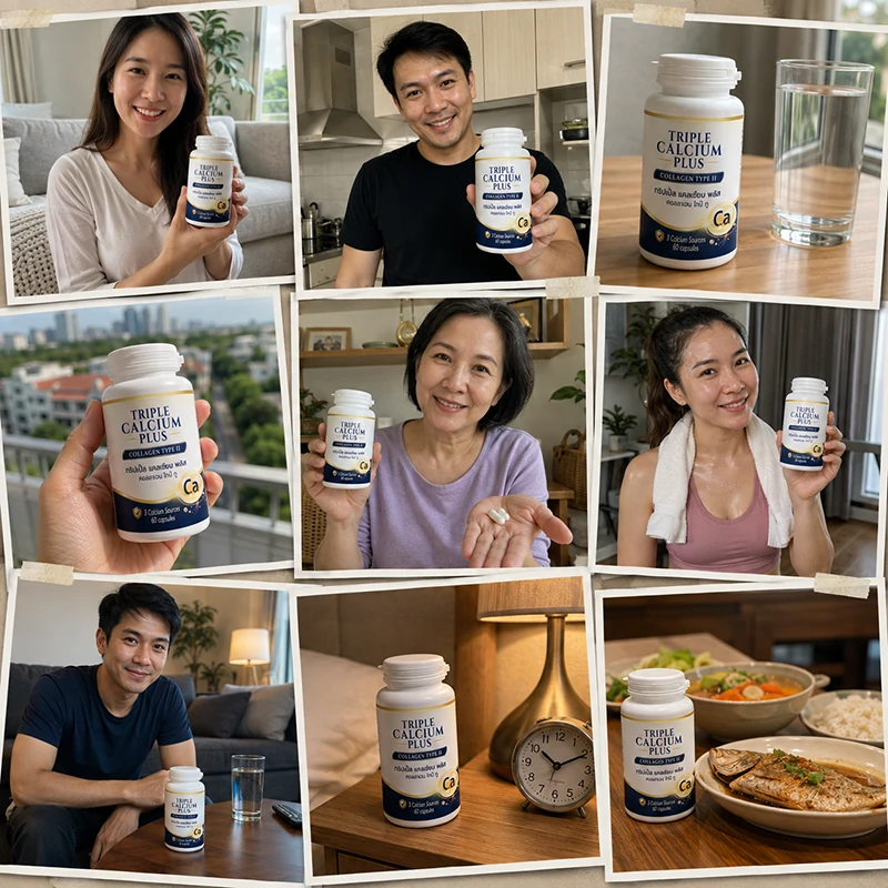 trical-plus-active-adult-lifestyle-collage-02 ภาพคอลลาจ TRICAL Plus พร้อมผู้ใหญ่ ผู้หญิงออกกำลังกาย แก้วน้ำ แคปซูล และมื้ออาหาร