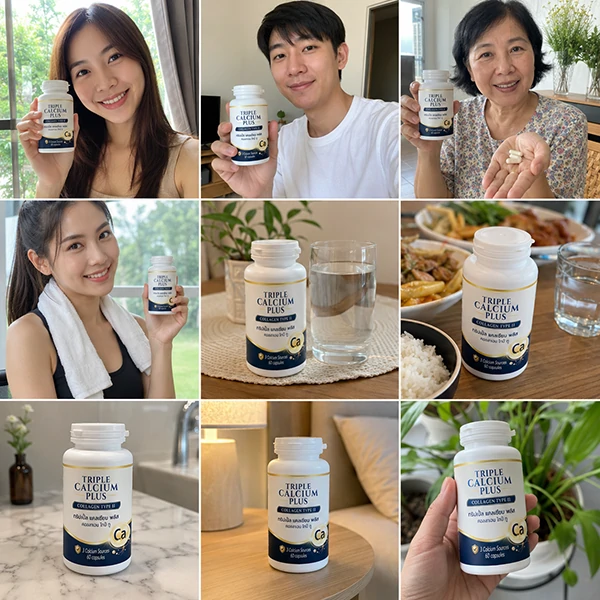 trical-plus-daily-wellness-lifestyle-collage-02 ภาพคอลลาจชายหญิงหลายวัยพร้อม TRICAL Plus แคปซูล แก้วน้ำ และผลิตภัณฑ์ในบ้าน